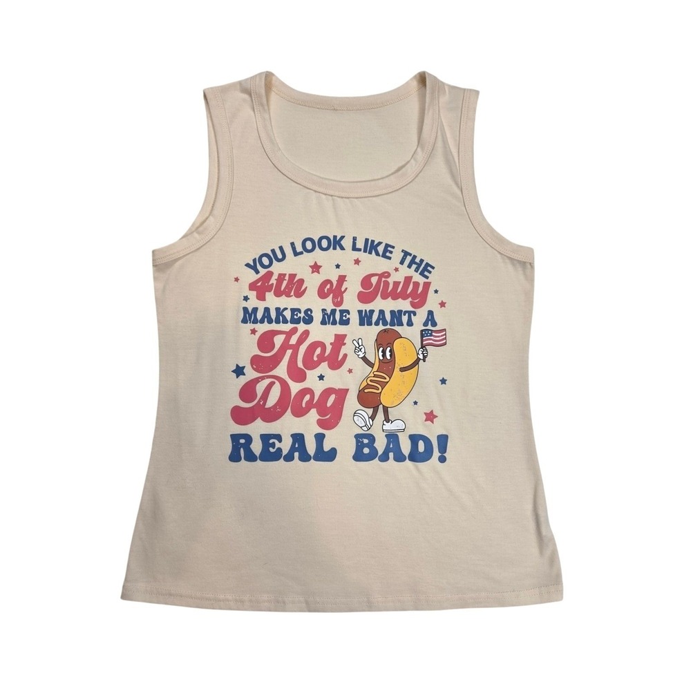 Look like the Fourth of July! Me want a hot dog real bad quote tank t-shirt Sz L